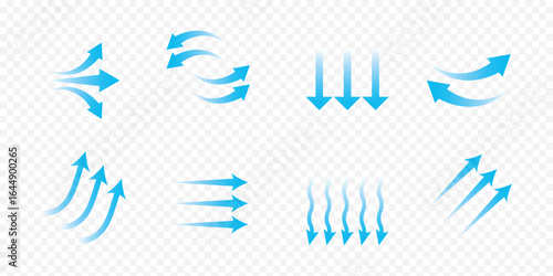 Air flow arrow. Set of blue arrow showing wind air flow. Vector set of air flow arrows. Blue air flow arrows showing wind circulation and ventilation. eps 10