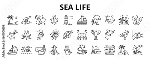 30 Sea Life Line Icons Vector - Coral, Seaweed, Turtle, Crab, Sailboat, Swimming, Surfing