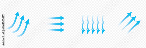 Air flow arrow. Set of blue arrow showing wind air flow. Vector set of air flow arrows. Blue air flow arrows showing wind circulation and ventilation. eps 10