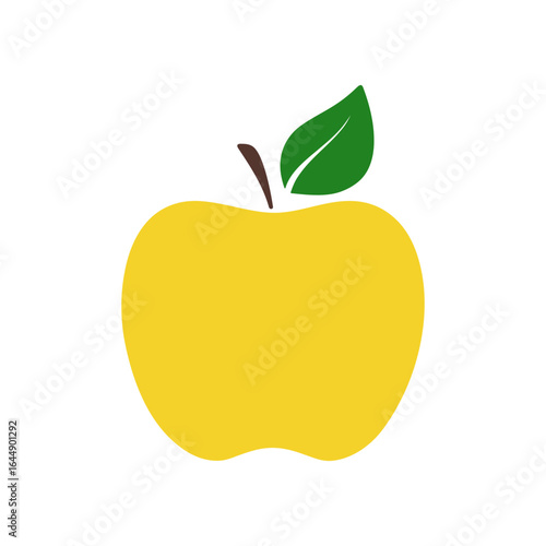 A yellow apple is isolated on a white background. Graphic simple color illustration of a fruit, flat design, vector. Decorative delicious dessert, bright background element, icon, logo for label