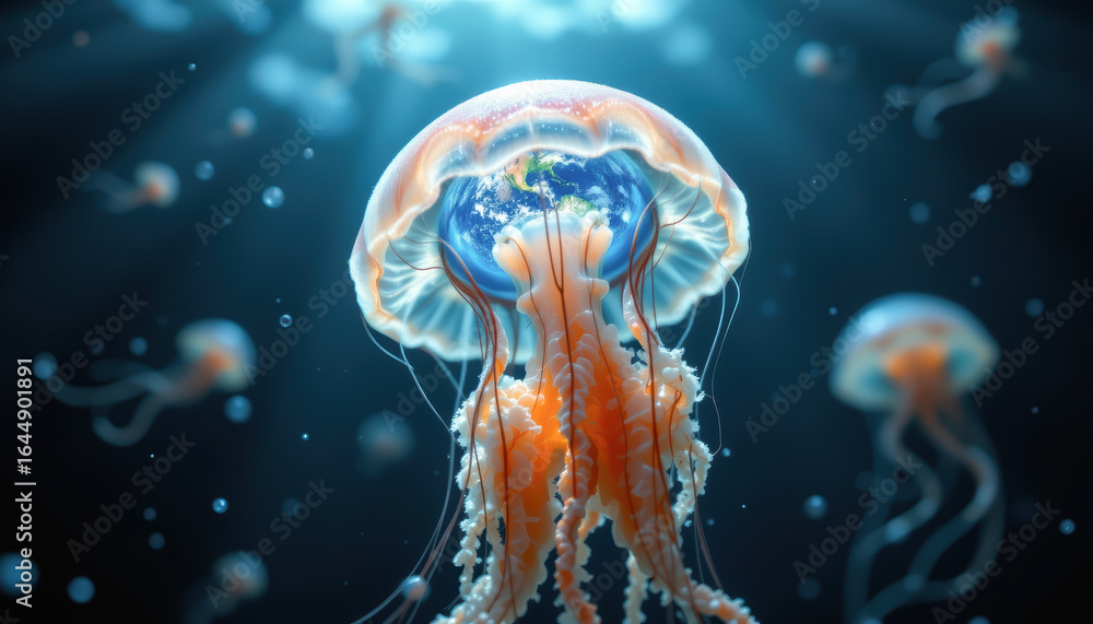 Obraz premium A mesmerizing underwater scene featuring vibrant jellyfish glowing in a deep sea environment.