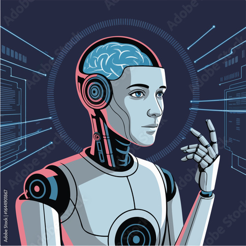 Illustration of a humanoid robot with visible brain and interface elements in the background design