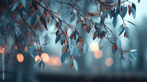 Soft-focus image of a tree branch with muted blue-toned leaves and buds, set against a bokeh background of warm and cool lights