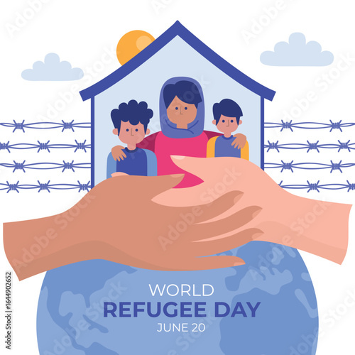 World refugee day illustration showing support and hope for displaced families