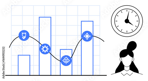 Bar graph with trend line and seasonal icons indicating changes, clock showing time, female avatar. Ideal for data analytics, seasonal trends, workflow, time tracking, planning, reporting simple