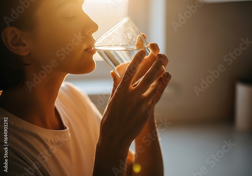 Woman drinking water from a glass in warm sunlight