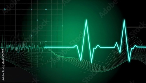 Glowing teal EKG line on dark green wave background