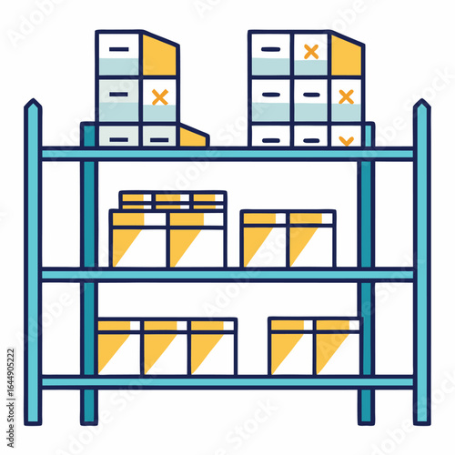 Vector art of shelves with boxes and packages in a warehouse