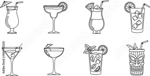 A collection of cocktail illustrations, perfect for adding a touch of elegance and festivity to your designs with its diverse range of classic and tropical drinks