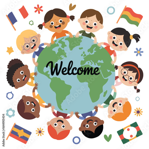 Illustration of children of different ethnicities surrounding the earth with flags and welcome message