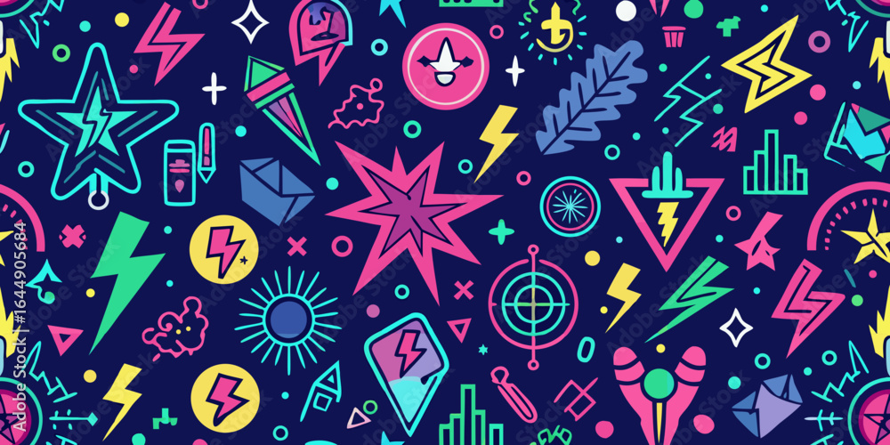 Naklejka premium Youthful Doodle Icon Set Featuring Fire Symbols, Lightning Bolts, Stars, Arrows, and Checkered Shapes in Neon Flat Vector Style