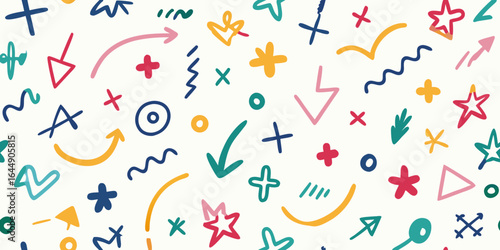  Minimal Hand-Drawn Doodle Set Featuring Arrows, Crosses, Loops, Sparkles, and Wavy Strokes in Vibrant Colors for Scalable Vector Design