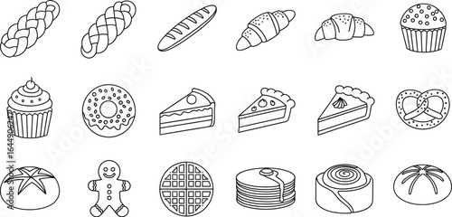 A delightful collection of bakery items, including bread, pastries, cakes, and more, all depicted in a charming line art style
