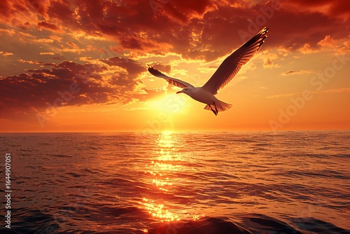 Seagull Soaring Over Ocean Water Illuminated By Golden Sunset Light During Evening