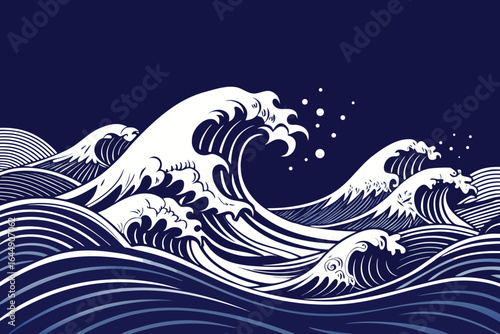 Japanese wave illustration representing powerful ocean movement in navy blue and white stylized artistic design