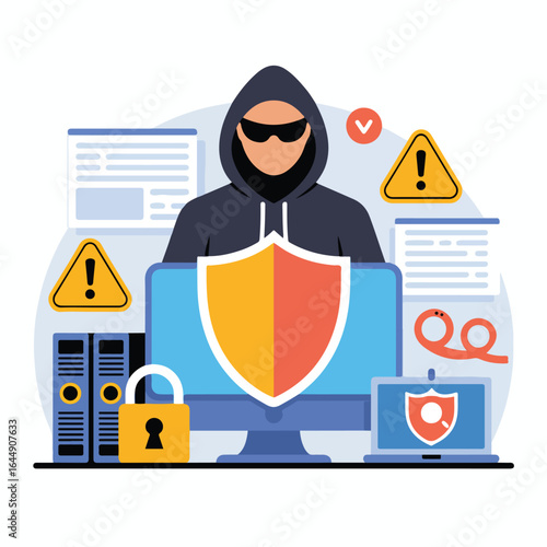A hooded hacker with sunglasses stands behind a shield protecting computer and laptop from cyber threats