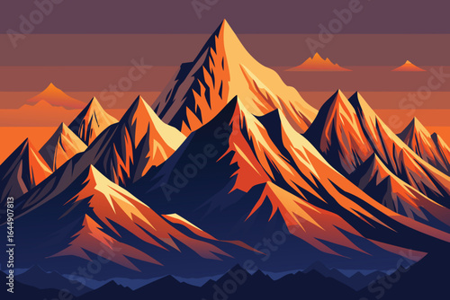 Majestic orange mountain landscape design depicting stunning peaks under a vivid twilight sky scene.