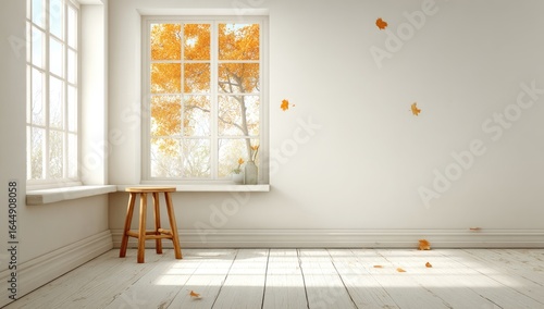 Minimalist room with autumnal view, wooden stool, and scattered leaves on light wood floors.  Sunlight streams in