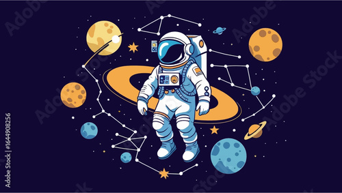 Astronaut surrounded by planets and constellations in space. Suitable for science fiction book covers or educational materials.