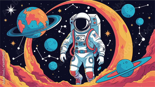 Astronaut among planets, stars, constellations, large moon. Suitable for space exploration, science, astronomy, and futuristic concepts.