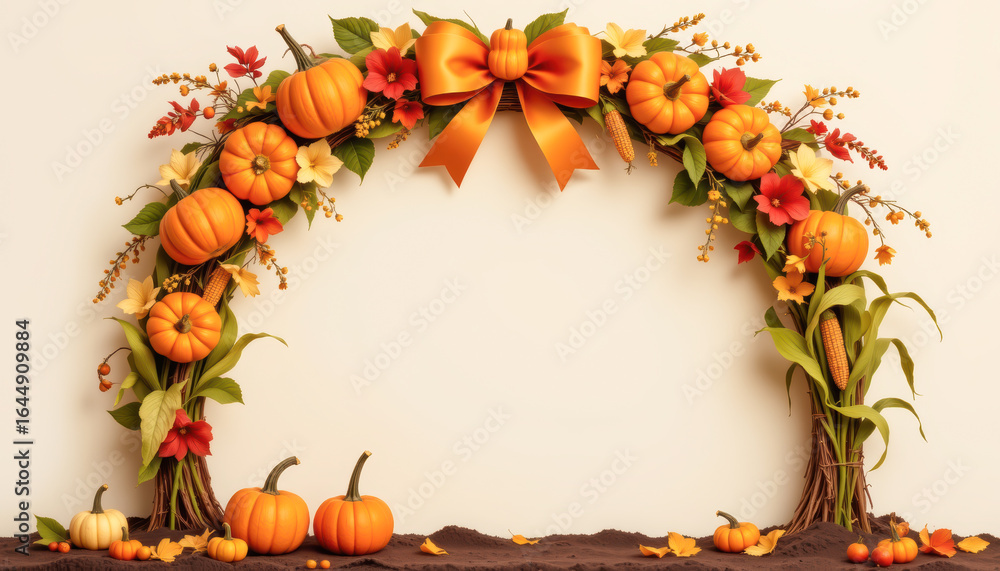 Fototapeta premium A vibrant autumn wreath featuring pumpkins, colorful flowers, and a decorative bow, perfect for seasonal decor.