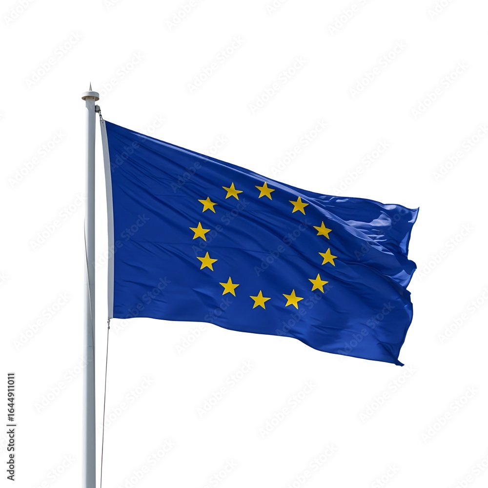 The Official Flag of the European Union Flying Proudly Against a White Background The Official Flag of the European Union Flying Proudly Against a White Background