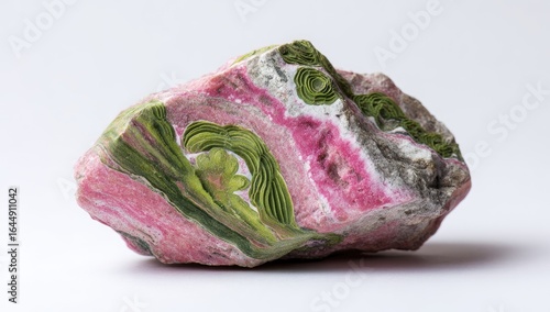 Rough, pink and green mineral specimen.  Complex veining