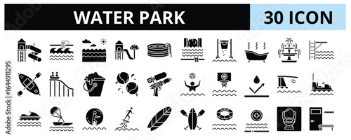 30 Water Park Glyph Icons Vector - Wave Pool, Splash Pad, Water Bucket, Water Trampoline, Water Gun