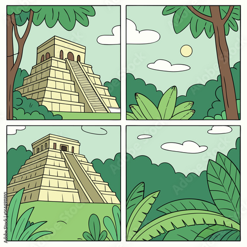 Cartoon Mayan Pyramid Jungle Scenes In A Four Panel Grid ancient civilization ruins