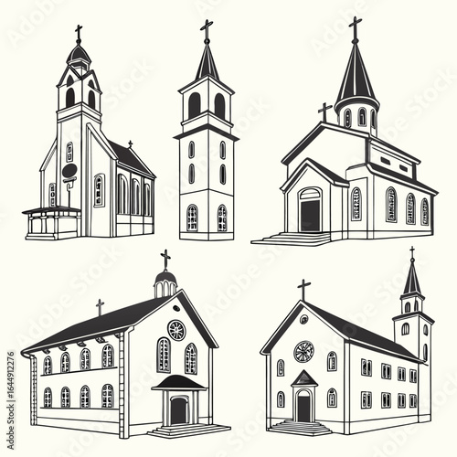 Collection of five distinct black and white church illustrations with crosses on spires and roofs building