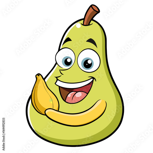 Funny cartoon pear character happily eating a peeled banana fruit