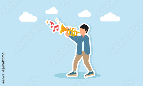 Young man playing trumpet musical instrument illustration of appreciation for music day celebration or music festival