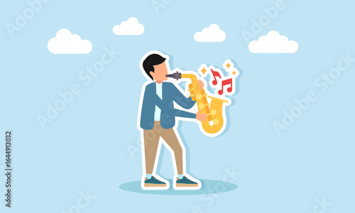 Young man playing saxophone musical instrument illustration of appreciation for music day celebration or music festival