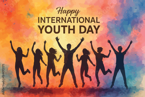 Silhouettes of energetic young people celebrating International Youth Day against a vibrant watercolor textured background for social media.