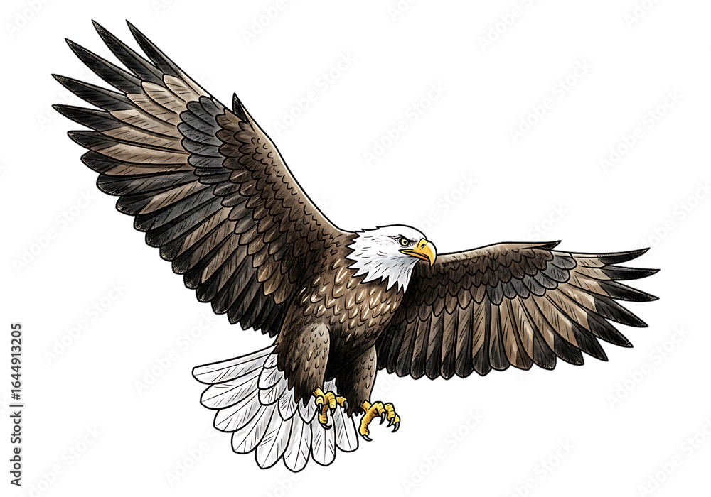Obraz premium Majestic Bald Eagle in Flight: Detailed Hand-Drawn Illustration, Powerful and Freedom-Inspired Design.