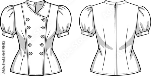 Fashion blouse CAD drawing, flat vector illustration, puff sleeve design, front and back view, garment sketch, sewing pattern, apparel template