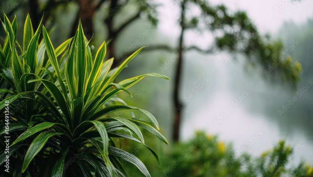 Obraz premium Lush green foliage with yellow stripes, glistening with rain, set against a misty, blurred background of trees and water
