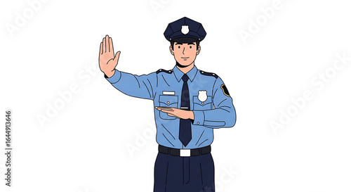 An illustrated police officer in a blue uniform holds up his hands in a stop gesture, presented against a clean white background.
