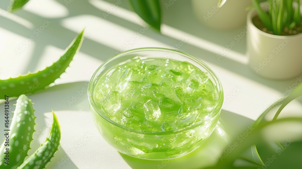Obraz premium Refreshing Green Aloe Vera Gel with Ice in a Sunlit Indoor Setting
