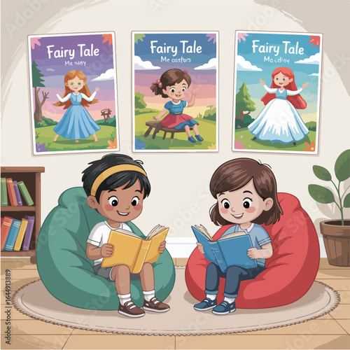 Two children reading books on beanbag chairs with fairy tale posters on the wall behind them