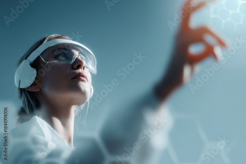 person wearing headphones interacts with holographic interface projected in front of them