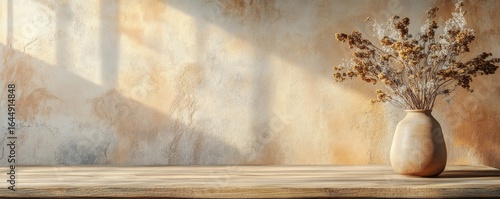 Wooden table with a vase of dried flowers positioned near an empty blank terra cotta wall, offering a serene home interior background for a modern living room. 3D rendering, Generative AI