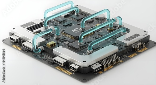 Futuristic Computer Motherboard with Advanced Liquid Cooling System 3D Render