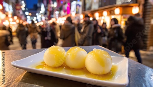 Japanese street food, sweet mochi, in focus on a plate, blurred city background