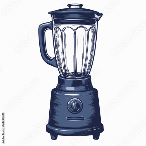 Electric blender appliance drawing in indigo blue tones on a white background, a blender for preparing smoothies and beverages. Kitchen blender in vintage style,