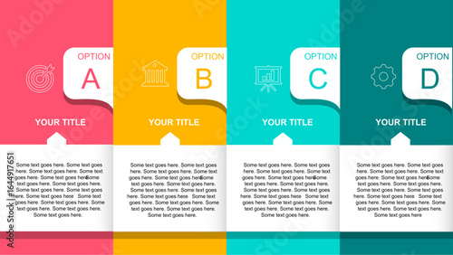 Four Option Vertical Card Infographic Template with Colorful Panels, Icons, and Text Placeholders, Editable Vector Design for Business Comparison, Product Features, Steps, or Decision-Making in PowerP