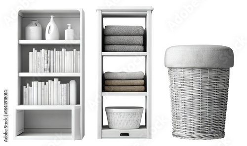 Isolated White Shelves and Storage Baskets on Transparent Background