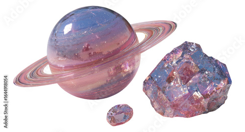 Isolated 3D Representation of Pink and Blue Planet with Transparent Crystal