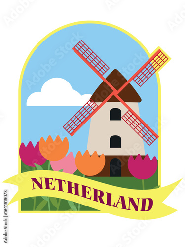 Netherland cartoon illustration with windmill and tulips. print traveling souvenir.