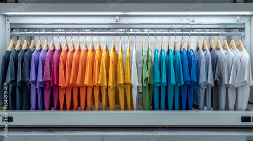 T-shirts on hangers, each in different colors, arranged neatly at the front view of an industrial textile printing machine.